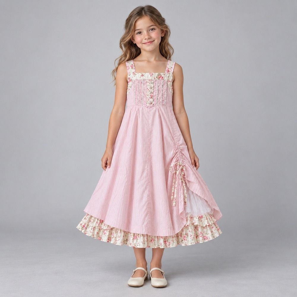 Maggie & Zoe Girls Pink Pinstripe Floral Ruffle Pinafore Dress 8 Cottagecore